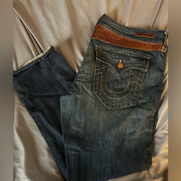 True Religion Men's Straight Jeans - Dark Blue with Brown Leather Accents - Picture 1 of 5